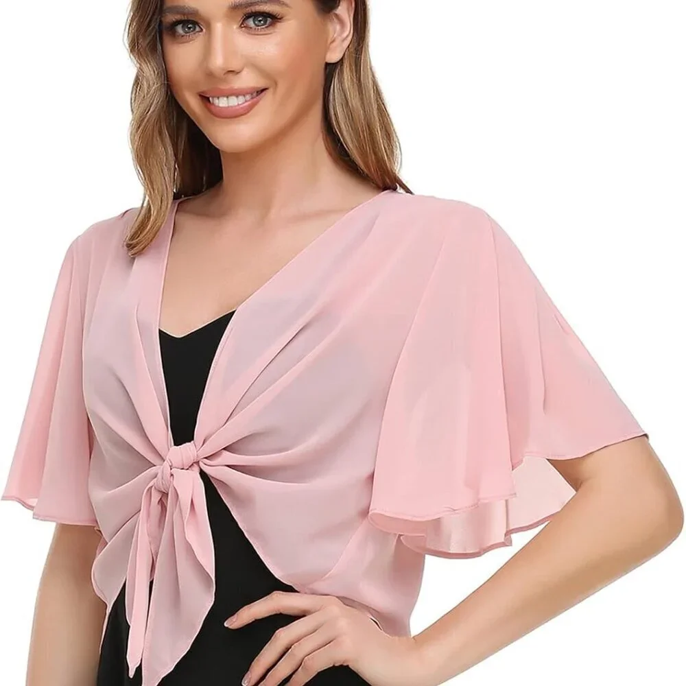 Women’s Chiffon Shrug Wraps Open Front Tie Top Casual Evening Dress Accessory